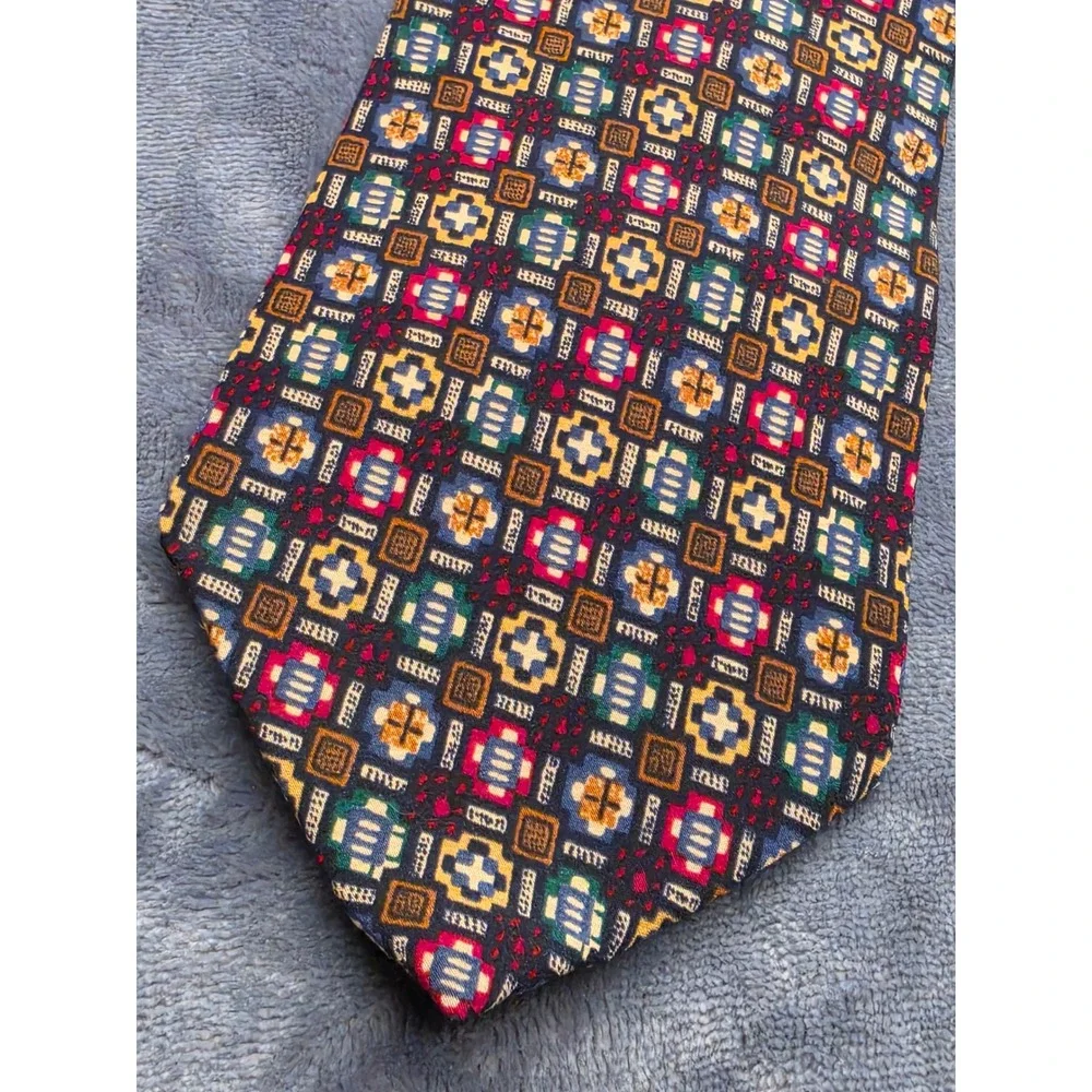 Tiffany & Co. Vintage 1986 Silk Tie Geometric Mosaic Pattern Navy Red Gold